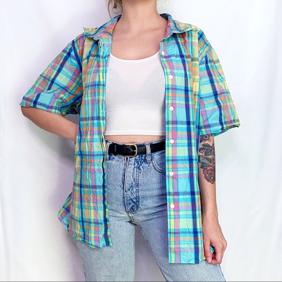 Vintage Rainbow Plaid Retro 90’s Button Down Top - Picture 1 of 8